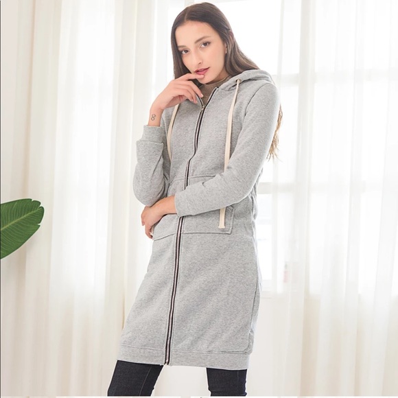 1 Left! Grey Long Zip Up Hoodie Sweater Dress - Picture 5 of 6